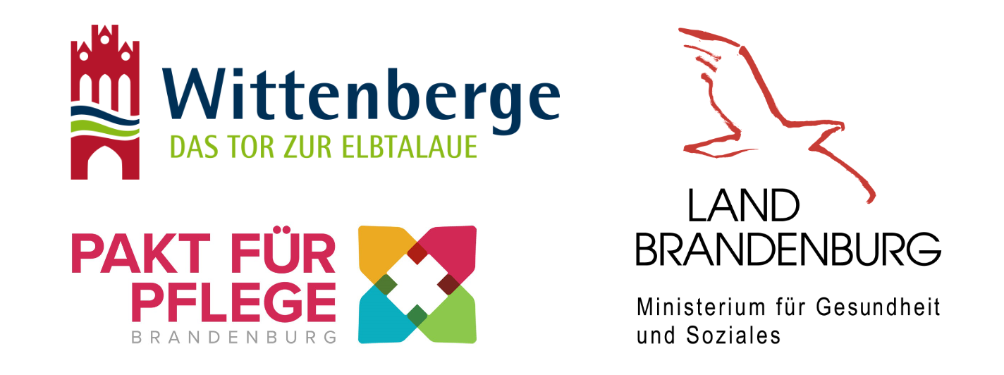 Logo der Partner der Pflogekoordinatorin der Stadt Wittenberge, inklusiv Logo der Stadt Wittenberge, Logo des Pakts for Pflege, Logo des Ministeriums für Gesundheit und Soziales Brandenburg